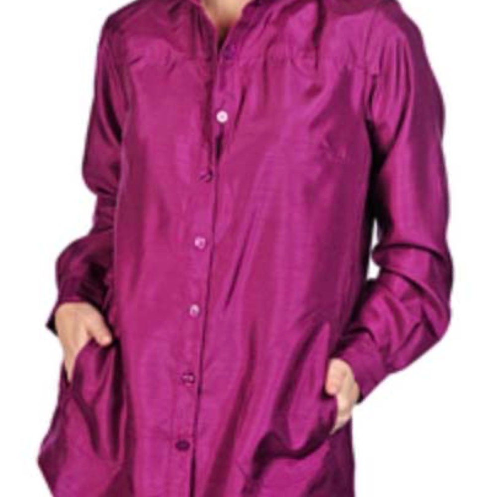 BOYFRIEND SHIRT, FAUX DUPIONI SILK, MERLOT, SIZE 3X, POCKETS, BUTTON FRONT, LONG